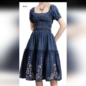 Denim embroidered square neck smocked cotton midi dress size XL